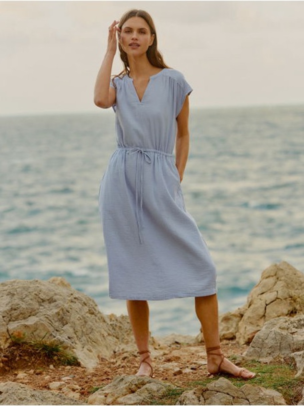Light Blue Midi Drawstring Waist Dress
